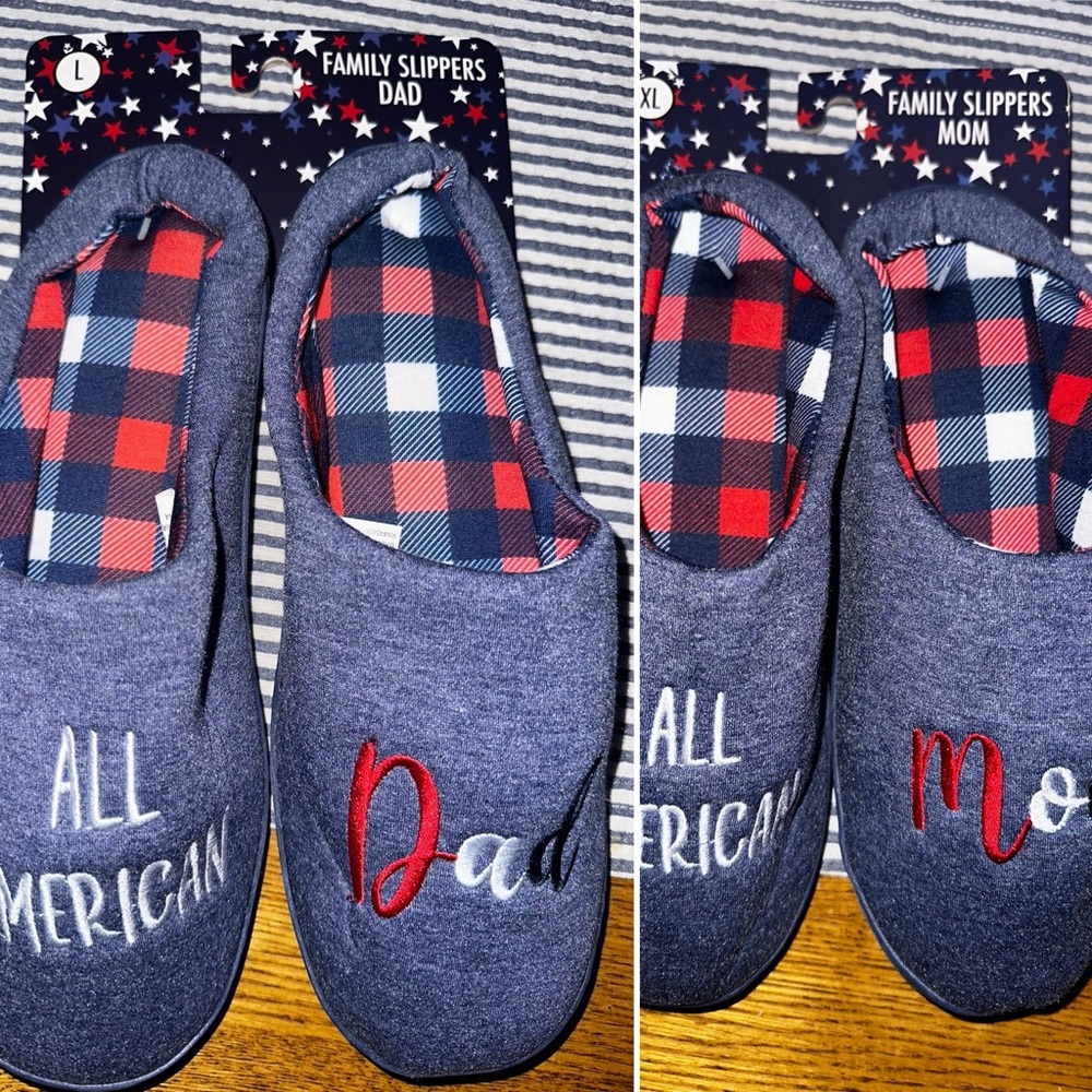 New All American Mom Dad Slippers Blue and Red Plaid Set